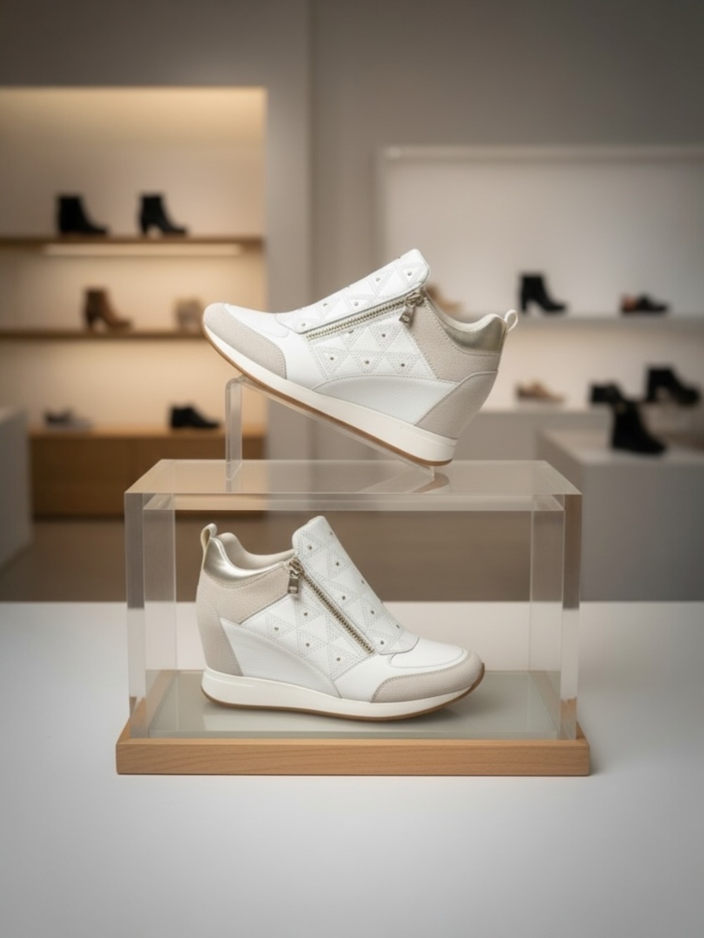 Geox Women’s Wedge Tennis Shoes in White Leather and Neutral Suede Size 10.5/41
